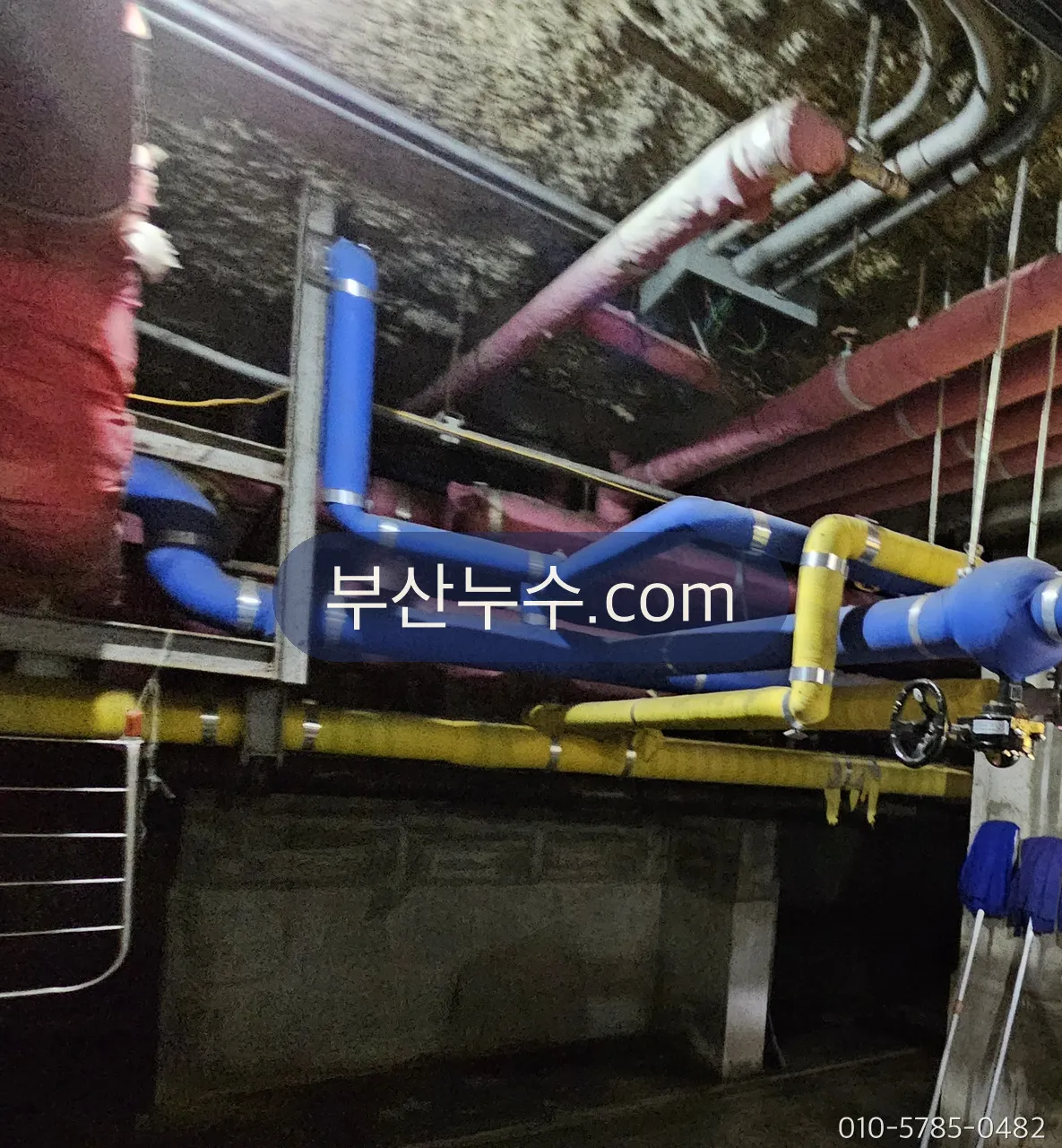 지하 기계실 천장을 따라 지나는 공용 배관 라인 확인