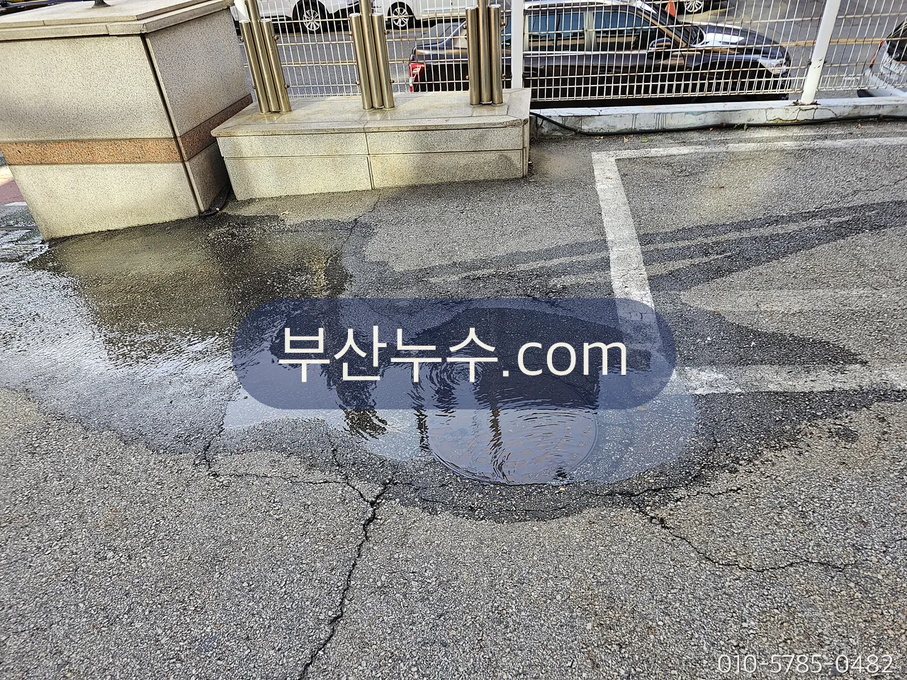 홈통 하단 배출구 아래 옥외 바닥에 고인 물
