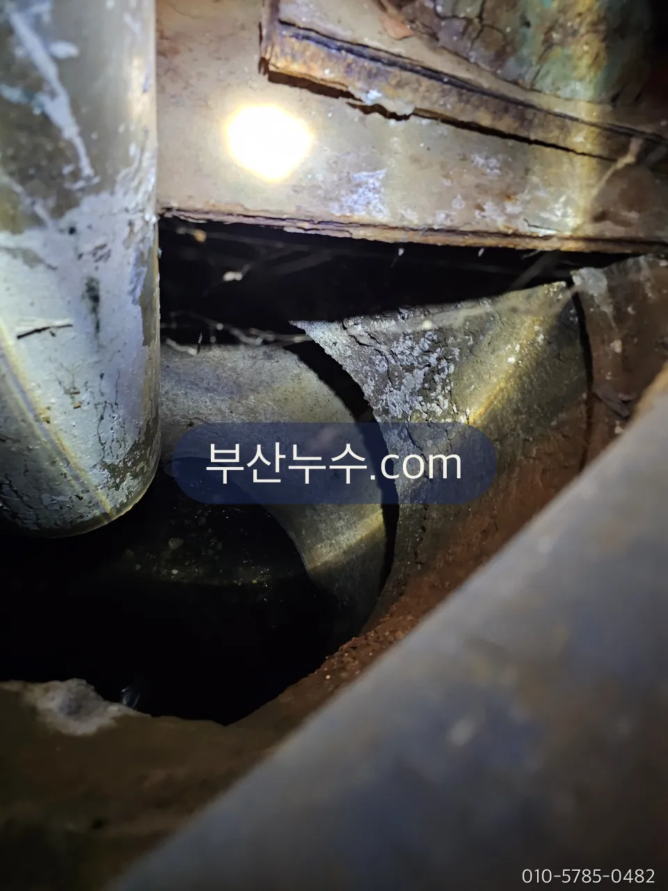 하부장 바닥 쪽 배수관 연결부의 물기 확인